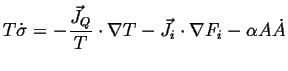 $\displaystyle T \dot{\sigma} = -\frac{\ensuremath{\vec{J}}_Q}{T} \cdot \nabla T - \ensuremath{\vec{J}}_i \cdot \nabla F_i - \alpha A \dot{A}$