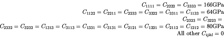 \begin{displaymath}
\begin{split}
C_{1111} = C_{2222} = C_{3333} = 166 \mbox{GPa...
... = 80 \mbox{GPa}\\
\mbox{All other } C_{ijkl} = 0
\end{split}\end{displaymath}