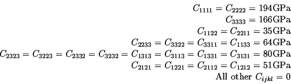 \begin{displaymath}
\begin{split}
C_{1111} = C_{2222} = 194 \mbox{GPa}\\
C_{33...
... = 51 \mbox{GPa}\\
\mbox{All other } C_{ijkl} = 0
\end{split}\end{displaymath}