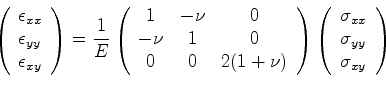 \begin{displaymath}
\left(
\begin{array}{l}
\epsilon_{xx}\\
\epsilon_{yy}\\
\e...
...}
\sigma_{xx}\\
\sigma_{yy}\\
\sigma_{xy}
\end{array}\right)
\end{displaymath}