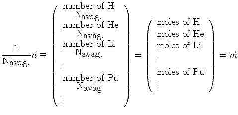 $\displaystyle \frac{1}{\ensuremath{\mbox{N}_{\mbox{avag.}}} \newcommand {\pasca...
...les of Li}\ \vdots\ \mbox{moles of Pu}\ \vdots \end{array} \right) = \vec{m}$