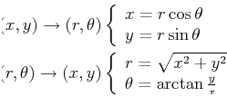 \begin{displaymath}\begin{split}(x,y) \rightarrow (r, \theta) & \left\{ \begin{a...
... \theta = \arctan \frac{y}{x}\ \end{array} \right. \end{split}\end{displaymath}