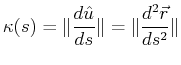 $\displaystyle \kappa(s) = \norm {\ensuremath{\frac{d{\hat{u}}}{d{s}}}} = \norm {\ensuremath{\frac{d^2{\vec{r}}}{d{s}^2}}}$