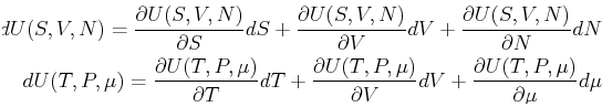 \begin{displaymath}\begin{split}dU(S,V,N) = \ensuremath{\frac{\partial{U(S,V,N)}...
...{\frac{\partial{U(T,P,\mu)}}{\partial{\mu}}} d\mu\ \end{split}\end{displaymath}