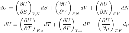 \begin{displaymath}\begin{split}dU = \ensuremath{ \left( \frac{\partial{U}}{\par...
...{\partial{U}}{\partial{\mu}} \right)_{T,P} } d\mu\ \end{split}\end{displaymath}