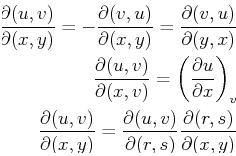 \begin{displaymath}\begin{split}\ensuremath{\frac{\partial (u , v)}{\partial (x ...
...suremath{\frac{\partial (r , s)}{\partial (x , y)}} \end{split}\end{displaymath}