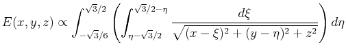 $\displaystyle E(x,y,z) \propto \int_{-\sqrt{3}/6}^{\sqrt{3}/2}
\left(
\int_{\et...
...2 - \eta} \frac{d\xi}
{\sqrt{(x - \xi)^2 + (y - \eta)^2 + z^2}}
\right)
d \eta
$