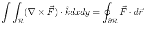 $\displaystyle \int \int_{\mathcal{R}} (\nabla \times \vec{F}) \cdot \hat{k} dx dy = \oint_{\partial \mathcal{R}} \vec{F} \cdot d \vec{r}$