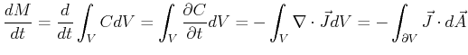 $\displaystyle \ensuremath{\frac{d{M}}{d{t}}} = \ensuremath{\frac{d{}}{d{t}}} \i...
... = -\int_V \nabla \cdot \vec{J} dV = -\int_{\partial V} \vec{J} \cdot d \vec{A}$
