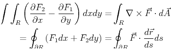 \begin{displaymath}\begin{split}\int \int_R \left( \ensuremath{\frac{\partial{F_...
...ec{F} \cdot \ensuremath{\frac{d{\vec{r}}}{d{s}}} ds \end{split}\end{displaymath}