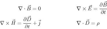 \begin{displaymath}\begin{split}\nabla \cdot \vec{B} = 0 \;\text{\hspace{1in}}\;...
...ext{\hspace{1in}}\; & \nabla \cdot \vec{D} = \rho\ \end{split}\end{displaymath}
