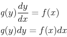 \begin{displaymath}\begin{split}& g(y)\ensuremath{\frac{d{y}}{d{x}}} = f(x)\ & g(y) dy = f(x) dx \end{split}\end{displaymath}