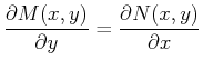$\displaystyle \ensuremath{\frac{\partial{M(x,y)}}{\partial{y}}} = \ensuremath{\frac{\partial{N(x,y)}}{\partial{x}}}$