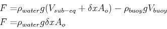 \begin{displaymath}\begin{split}F = & \rho_{water} g ( V_{sub-eq} + \delta x A_o...
...uoy} g V_{buoy}\\ F = & \rho_{water} g \delta x A_o \end{split}\end{displaymath}