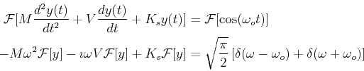 \begin{displaymath}\begin{split}\mathcal{F}[M \ensuremath{\frac{d^2{y(t)}}{d{t}^...
...ta(\omega-\omega_o) +\delta(\omega+\omega_o)\right] \end{split}\end{displaymath}