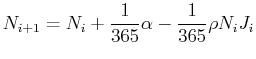 $\displaystyle N_{i+1} = N_i + \frac{1}{365} \alpha - \frac{1}{365} \rho N_i J_i
$