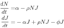 \begin{displaymath}\begin{split}\ensuremath{\frac{d{N}}{d{t}}} = & \alpha - \rho...
...ac{d{J}}{d{t}}} = & -\alpha J + \rho N J - \phi J\ \end{split}\end{displaymath}