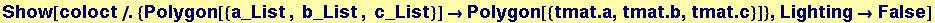 Show[coloct/.{Polygon[{a_List , b_List , c_List}] &rarr;Polygon[{tmat . a, tmat . b, tmat . c}]}, Lighting&rarr;False]