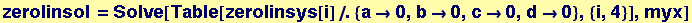 zerolinsol = Solve[Table[zerolinsys[i]/.{a&rarr;0, b&rarr;0, c&rarr;0, d&rarr;0}, {i, 4}], myx]