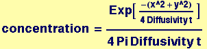 concentration = Exp[-(x^2 + y^2)/(4Diffusivity t)]/(4 Pi Diffusivity t)