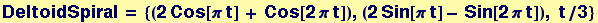 DeltoidSpiral = {(2 Cos[&pi; t] + Cos[2 &pi; t]), (2 Sin[&pi; t] - Sin[2 &pi; t]), t/3}