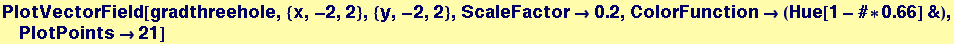 PlotVectorField[gradthreehole, {x, -2, 2}, {y, -2, 2}, ScaleFactor&rarr;0.2, ColorFunction&rarr; (Hue[1 - # * 0.66] &), PlotPoints&rarr;21]