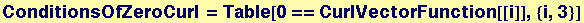 ConditionsOfZeroCurl = Table[0 == CurlVectorFunction[[i]], {i, 3}]