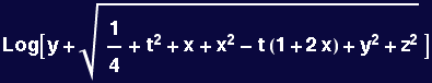 Log[y + (1/4 + t^2 + x + x^2 - t (1 + 2 x) + y^2 + z^2)^(1/2)]