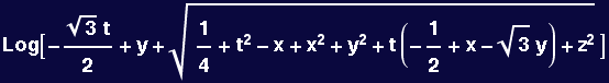 Log[-(3^(1/2) t)/2 + y + (1/4 + t^2 - x + x^2 + y^2 + t (-1/2 + x - 3^(1/2) y) + z^2)^(1/2)]