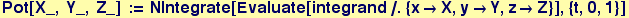 Pot[X_, Y_, Z_] := NIntegrate[Evaluate[integrand/.{x&rarr;X, y&rarr;Y, z&rarr;Z}], {t, 0, 1}]