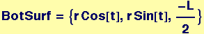 BotSurf = {r Cos[t], r Sin[t], -L/2}