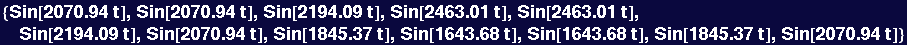 {Sin[2070.94 t], Sin[2070.94 t], Sin[2194.09 t], Sin[2463.01 t], Sin[2463.01 t], Sin[2194.09 t], Sin[2070.94 t], Sin[1845.37 t], Sin[1643.68 t], Sin[1643.68 t], Sin[1845.37 t], Sin[2070.94 t]}