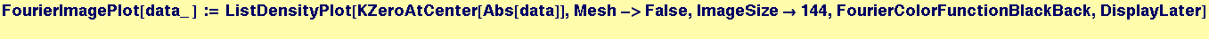 FourierImagePlot[data_ ] := ListDensityPlot[KZeroAtCenter[Abs[data]], Mesh->False, ImageSize&rarr;144, FourierColorFunctionBlackBack, DisplayLater] 