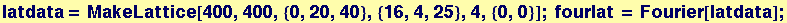 latdata = MakeLattice[400, 400, {0, 20, 40}, {16, 4, 25}, 4, {0, 0}] ; fourlat = Fourier[latdata] ;