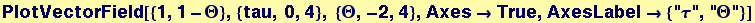PlotVectorField[{1, 1 - &Theta;}, {tau, 0, 4}, {&Theta;, -2, 4}, Axes&rarr;True, AxesLabel&rarr; {"&tau;", "&Theta;"}]