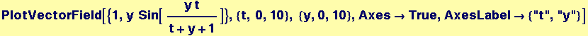 PlotVectorField[{1, y&nbsp;&nbsp;Sin[ (y t)/(t + y + 1)]}, {t, 0, 10}, {y, 0, 10}, Axes&rarr;True, AxesLabel&rarr; {"t", "y"}]