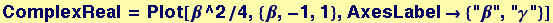 ComplexReal = Plot[&beta;^2/4, {&beta;, -1, 1}, AxesLabel&rarr; {"&beta;", "&gamma;"}]