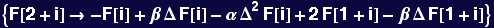 {F[2 + i] &rarr; -F[i] + &beta; &Delta; F[i] - &alpha; &Delta;^2 F[i] + 2 F[1 + i] - &beta; &Delta; F[1 + i]}