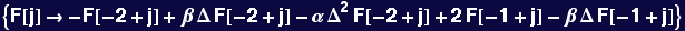 {F[j] &rarr; -F[-2 + j] + &beta; &Delta; F[-2 + j] - &alpha; &Delta;^2 F[-2 + j] + 2 F[-1 + j] - &beta; &Delta; F[-1 + j]}