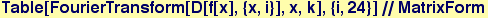 Table[FourierTransform[D[f[x], {x, i}], x, k], {i, 24}]//MatrixForm