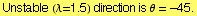 Unstable (&lambda;=1.5) direction is &theta; =  -45.