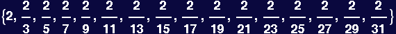 {2, 2/3, 2/5, 2/7, 2/9, 2/11, 2/13, 2/15, 2/17, 2/19, 2/21, 2/23, 2/25, 2/27, 2/29, 2/31}