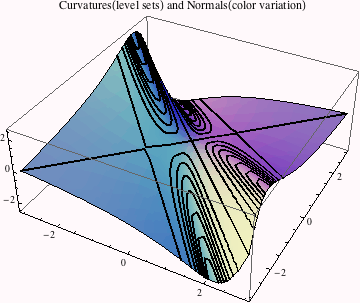 Graphics:Curvatures(level sets) and Normals(color variation)