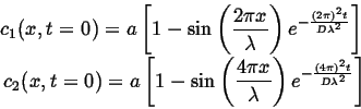 \begin{displaymath}\begin{split}c_1 (x, t=0) = a \left[ 1 - \sin \left( \frac{2 ...
...\right) e^{-\frac{(4 \pi)^2 t}{D \lambda^2}}\right] \end{split}\end{displaymath}