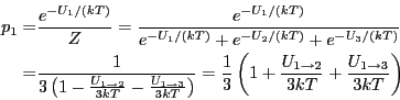 \begin{displaymath}
\begin{split}
p_{1} = & \frac{e^{-U_{1}/(kT)}}{Z} =
\frac{e^...
... 2}}{3kT}
+ \frac{U_{1 \rightarrow 3}}{3kT}\right)
\end{split}\end{displaymath}