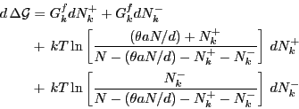 \begin{displaymath}
\begin{split}
\nonumber
d   \Delta \mathcal{G} & = G_k^f dN...
...\theta a N/d) -
N_k^+ - N_k^- } \right]   d N_k^-
\end{split}\end{displaymath}